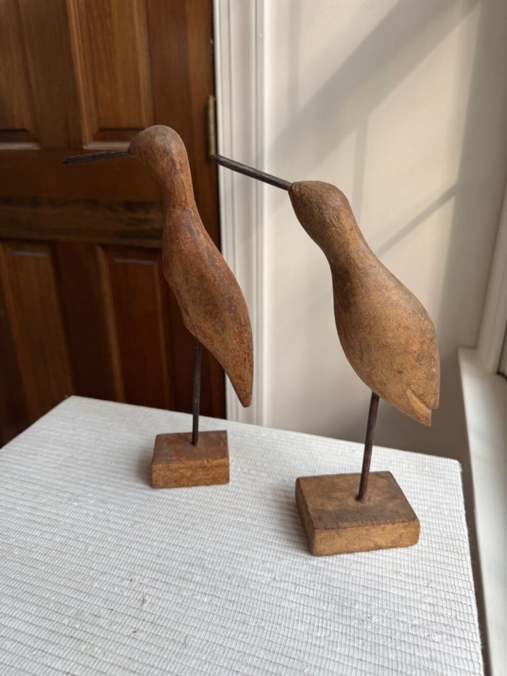 Pair of Carved Wood Shorebird Sculptures | Metal Legs, Wood Bases